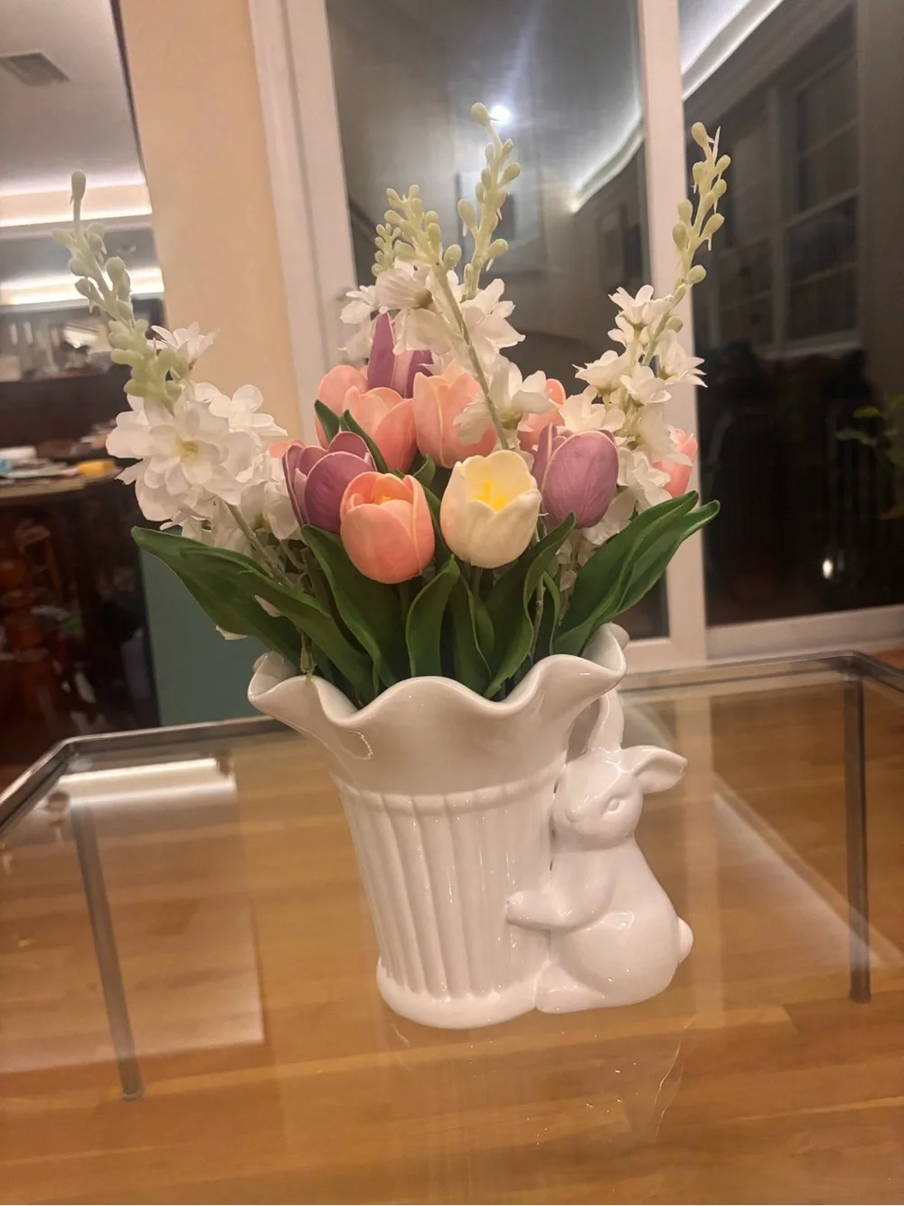 Martha Stewart White Rabbit Ceramic Vase w/“real touch” Pink + White tulips🌷